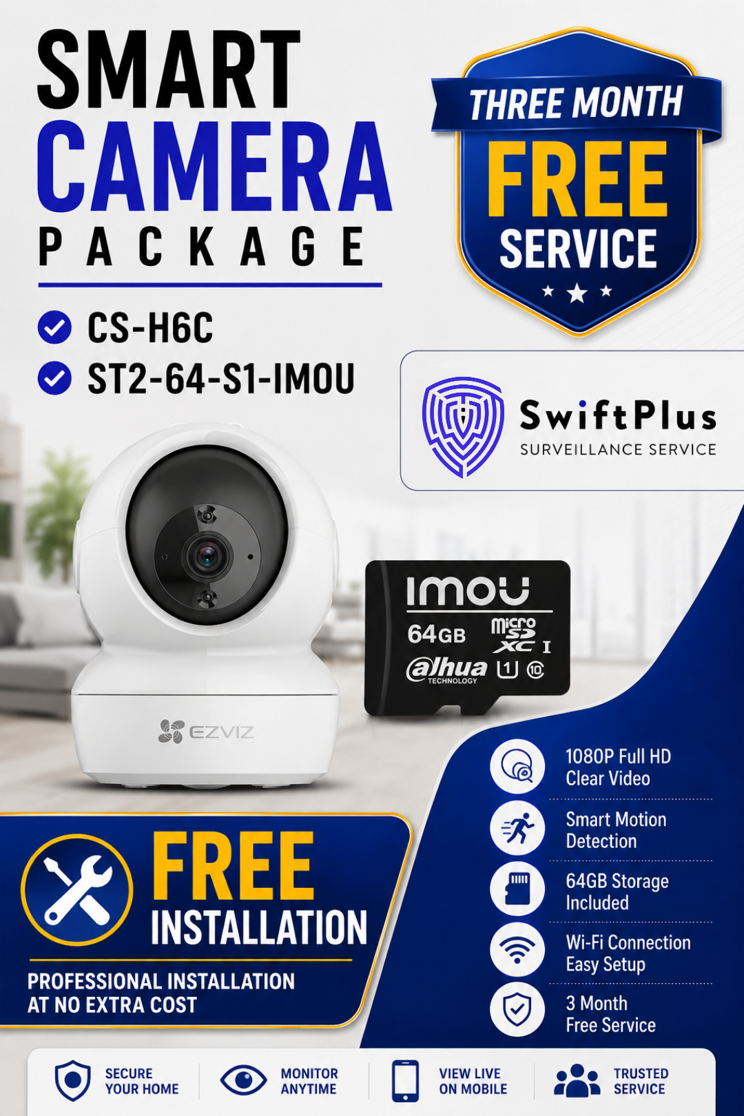 EZVIZ CS-H6C  3MP Smart Wi-Fi Camera Package with 64GB Memory