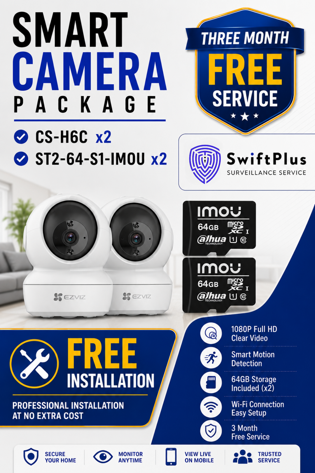 EZVIZ CS-H6C 3MP Dual Smart Camera Package (2 Cameras + 2×64GB Cards)