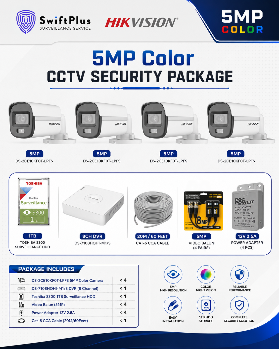 Hikvision 5MP Color CCTV Security Package (4 Cameras)